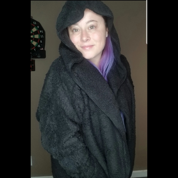 5⭐ black oversized fuzzy sherpa faux fur hooded open front cardigan pockets - Picture 7 of 9